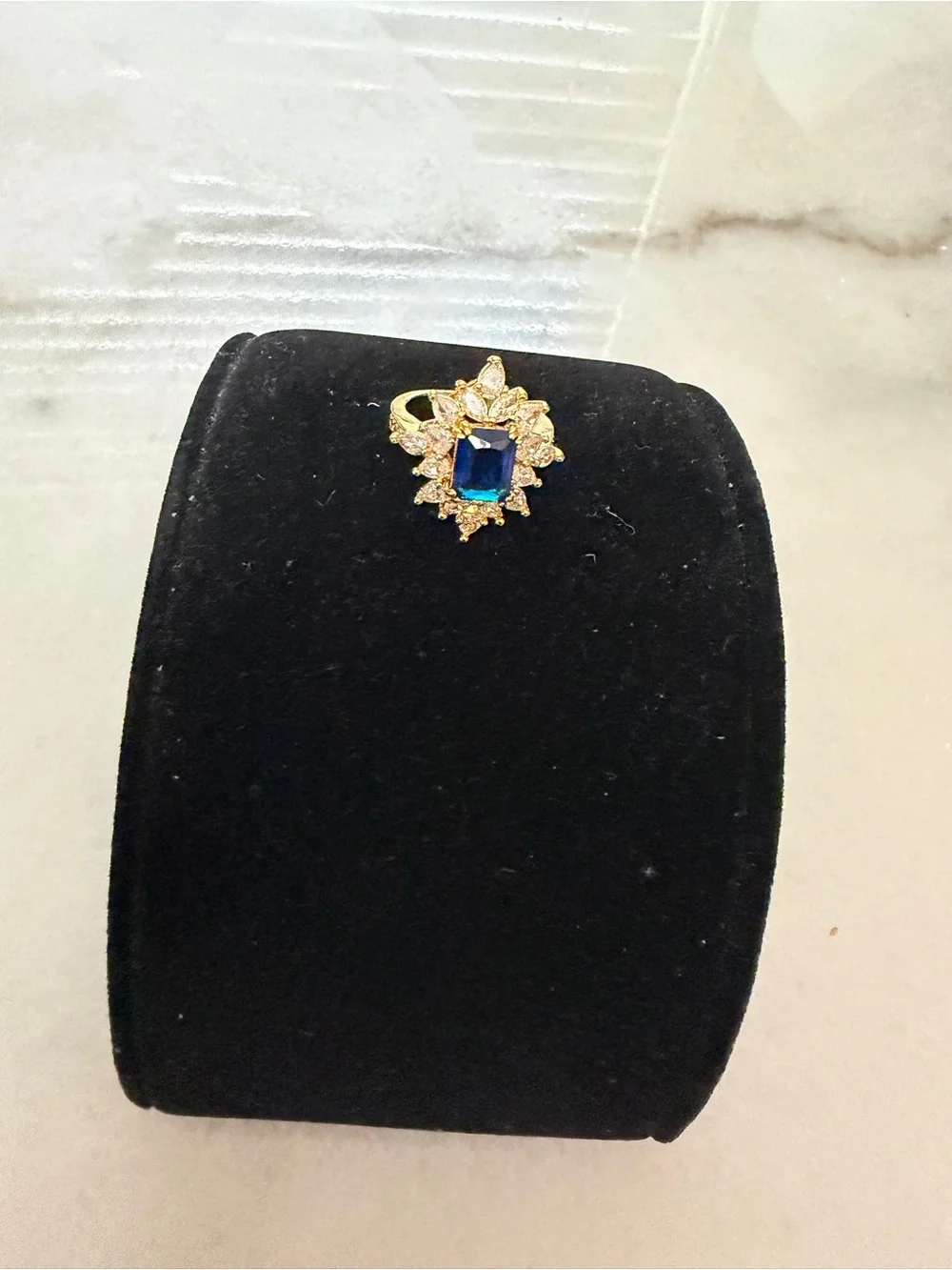 Gold-Tone Blue Centerstone Floral Cocktail Ring - Women Jewelry
